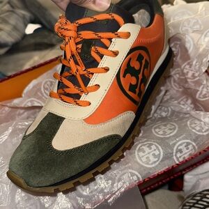 Tory Burch Orange, Cream and Green Trainers